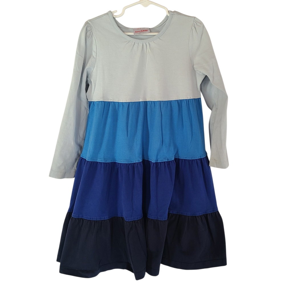 Hanna Andersson Blue Tiered Girls Long Sleeve Dress 100% Cotton Size 5
